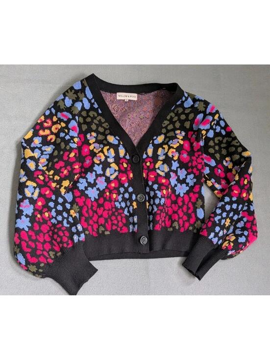 Willow & Wind Sweaters - Willow & Wind Sweater Cardigan Womens S Black Colorful Leopard Balloon Sleeve